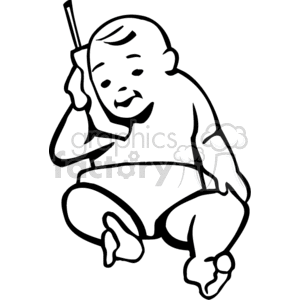 A clipart image of a baby sitting and holding a phone to their ear.