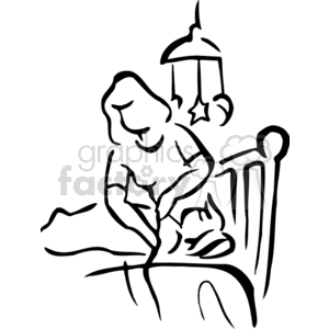 A simple black and white line drawing of a mother tucking a child into bed, with a mobile hanging above.