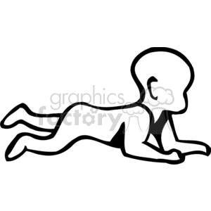 A simple black and white clipart illustration of a crawling baby.