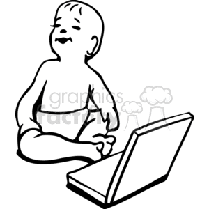 Little black and white baby sitting in front of a laptop