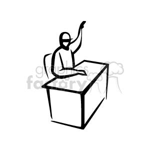 Clipart illustration of a person wearing a cap, sitting at a desk and raising their hand.