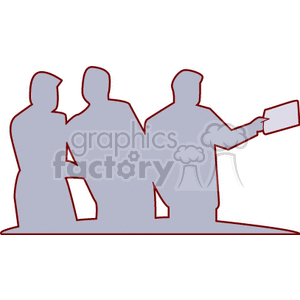 Silhouette illustration of three people in a business meeting, with one person holding a document.