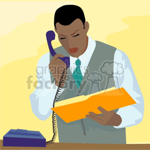 A Man Standing While Holding the phone and also holding a Yellow Book