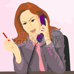 A businesswoman looks frustrated while talking on the phone, holding a pencil.