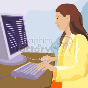 Illustration of a professional woman working at a computer, smiling and appearing happy.