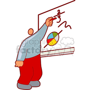 Clipart of a person in red pants pointing at a whiteboard with a pie chart and a math equation.