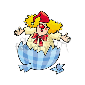 Cartoon Clown Emerging from Plaid Egg