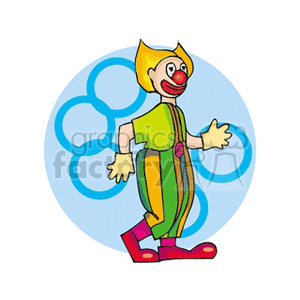 A colorful cartoon clown with big red shoes and a yellow outfit featuring vertical stripes. The clown has exaggerated features, including a large red nose and a happy expression. It is set against a background of blue overlapping circles.