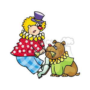 A circus clown with plaid pants, a red polka dot shirt, and a purple hat interacts humorously with a bulldog wearing a green outfit.