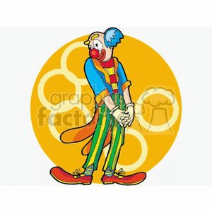 A colorful circus clown with big shoes, a red nose, and a shy posture, standing against a yellow background with circular designs.