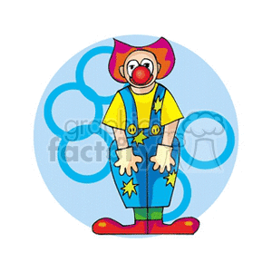 A colorful circus clown with a red nose, big shoes, and star patterns, standing in a shy posture against a blue background with circles.