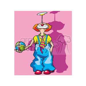 A cheerful circus clown with a red nose and big hair is balancing a saucer on their head while holding a colorful ball. The clown is dressed in oversized pants, a tie, and large shoes, conveying a silly and funny appearance.