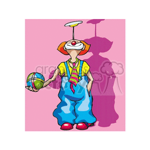 A Funny Clown With Big Blue Pants Holding a Colorful Ball while Balancing a Saucer on his Nose