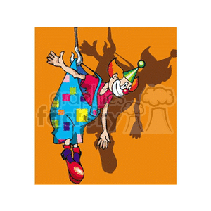 A colorful circus clown wearing a festive cone hat, with a large red nose and oversized shoes, hanging playfully from a hook.