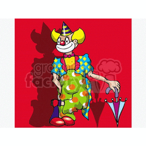 A colorful circus clown with yellow hair, wearing large polka-dotted pants, a matching bow tie, and big red shoes. The clown is holding an umbrella and has a big smile, looking cheerful and playful.