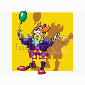 A colorful cartoon clown holding a green balloon with a playful pose.