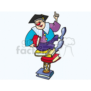 A colorful cartoon clown balancing on a stack of books, wearing a graduation cap, and holding a book.