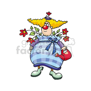 A cartoon image of a circus clown with yellow hair, a red nose, blue checkered outfit, and red flowers, holding a small red watering can.