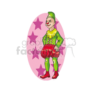 Clipart image of a circus clown in colorful costume standing in front of a pink background with stars.