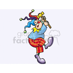 A colorful cartoon clown wearing a jester hat and striped pants, holding a small mallet.