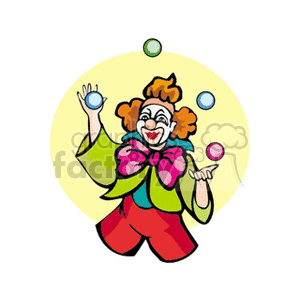 A colorful circus clown juggling balls with a cheerful expression.