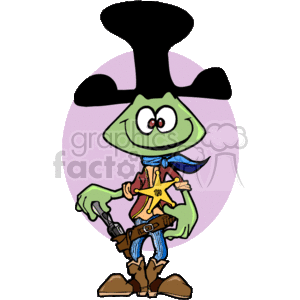 The image is a cartoon depiction of a frog styled as a cowboy. The frog has a green complexion, big eyes, and is wearing a large black cowboy hat. It has a western-style outfit including a vest, neckerchief, and a belt with a holster that contains a gun. The frog is standing in a confident pose with one hand on its hip and the other holding the gun in the holster.