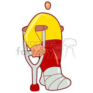 Clipart image of a person with a broken leg using crutches. The individual is wearing a yellow top and red pants, and their leg is bandaged.