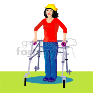 The image is a clipart illustration of a happy woman using a walker for assistance. She is wearing a red top, blue pants, and a yellow hat, while standing on a green surface with a small blue circular mat under the walker. The walker appears to be a standard medical walker with wheels.
