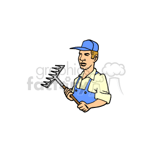 This clipart image depicts a cartoon of a farmer holding a rake. The farmer is wearing a cap, a light-colored shirt, blue overalls, and appears to be ready for fieldwork.