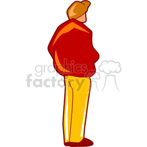 Clipart of a person standing, viewed from the side, wearing a red jacket and yellow pants.