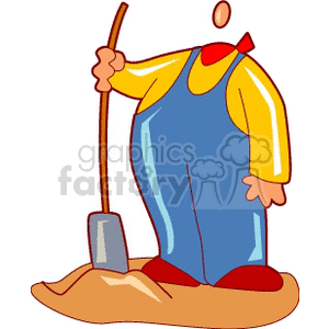 Clipart of a farmer standing with a shovel in a pile of dirt.