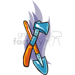 Clipart image of an axe and a shovel crossed, with a flame design in the background.