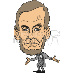 This image is a caricature of Abraham Lincoln, the 16th President of the United States. He is depicted with a large head and a much smaller body, wearing a black suit and bow tie. His facial features are exaggerated, with his prominent cheekbones, mole, and the beard without a mustache that he was known for.