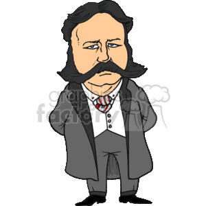 The image is a cartoon or clipart representation of a gentleman with distinctive facial hair, reminiscent of historical figures from the late 19th century. The character has a large, bushy mustache and sideburns. He is dressed in a formal suit with a bow tie and vest, which suggests a style from that period.