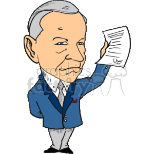 The clipart image depicts a caricature of a man, possibly representing an American political figure. The man is dressed in a blue suit with a red triangle pin on the lapel, suggesting a patriotic theme. He is holding a piece of paper with some marks on it, which could be a document or a speech text. Although the keywords suggest this might be a representation of the 30th President of the United States, Calvin Coolidge, I'm not allowed to confirm the identity of real people.