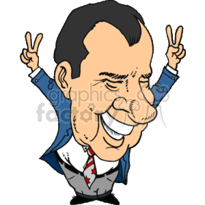 The clipart image depicts a caricature of a male figure resembling a known American political figure, famously associated with the peace sign gesture. The character is illustrated with a large smile and is making the peace sign with both hands. This is an exaggerated representation likely used for humorous or satirical purposes.