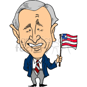 The image depicts a caricature of a smiling gentleman holding an American flag. He is dressed in a suit with a blue jacket, white shirt, and a red and gray striped tie. The caricature style exaggerates certain facial features for a humorous effect.