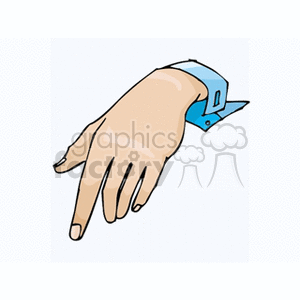 A clipart image of a hand pointing downwards, wearing a blue sleeve.