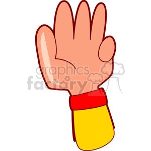 Clipart illustration of a cartoon-style hand with four fingers raised, wearing a yellow sleeve with a red cuff.