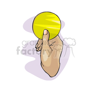 A clipart image of a hand holding a yellow ball, with a white and light purple background.