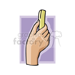 Clipart image of a hand holding an object, set against a purple background.