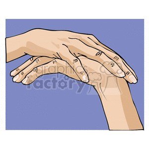 Illustration of one hand resting gently on top of another against a blue background.