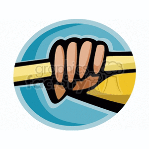 A stylized illustration of a hand gripping a paddle or bar against a blue circular background.