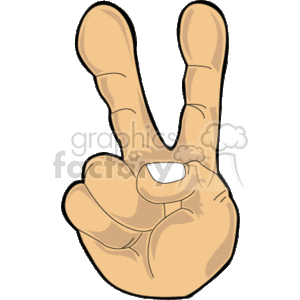   The image shows a cartoon drawing of a hand gesture commonly associated with peace or victory. The hand is depicted with the palm facing forward, the index and middle fingers are raised and separated to form a 