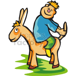 The clipart image features a cartoon of a happy child riding a pony. The child appears to be a boy with spiky blond hair, wearing a blue top and green shorts. The pony is depicted in a simplistic, stylized form with orange-brown color and a cheerful expression. They are shown on a small patch of green, which suggests grass.