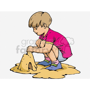 Little boy in a pink shirt building a sandcastle