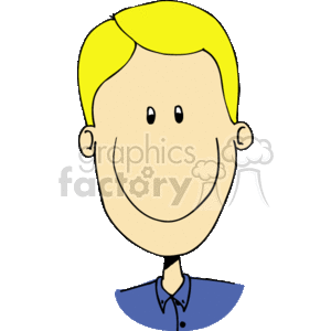 This image depicts a cartoon of a happy boy with blonde hair and a blue shirt. The boy sports a large, friendly smile.
