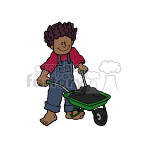 This clipart image depicts a cartoon of a young African boy pushing a wheelbarrow filled with what appears to be soil or dirt. The boy is sporting curly hair and is dressed in overalls with a red shirt.