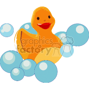   The clipart image shows a yellow rubber duck surrounded by blue bubbles. The rubber duck is depicted in a classic style, often associated with a child