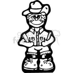   The image is a black and white clipart of a cartoon-style cowboy. The character is wearing a cowboy hat, a western-style shirt with flap pockets, jeans, and cowboy boots. The cowboy has a friendly expression and a handkerchief tied around the neck, which is typical of country or western attire. The style suggests the image might be suitable for a children